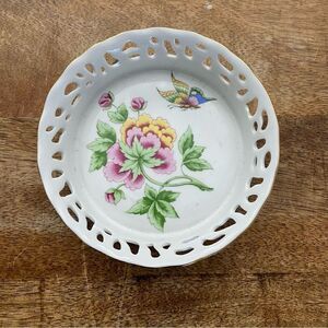 Lovely vintage porcelain painted Floral butterfly pierced rim wine coaster